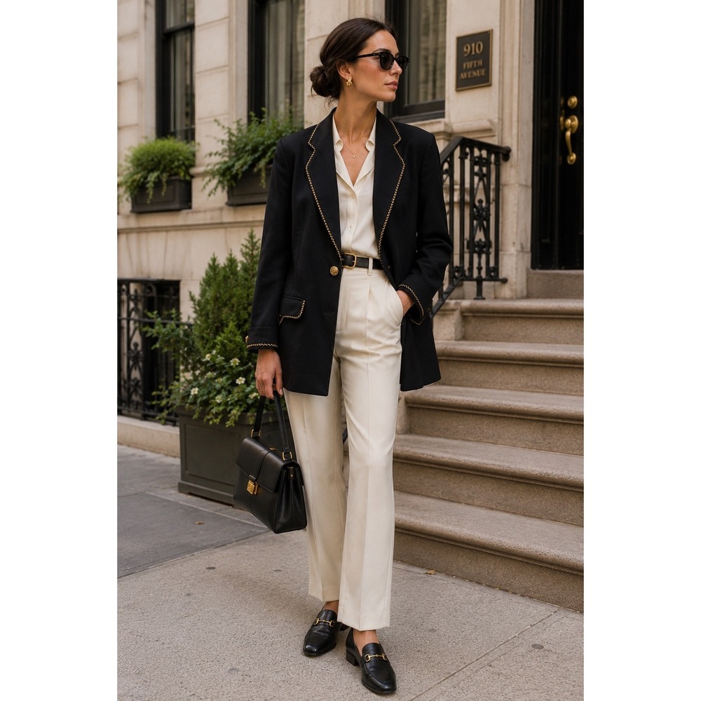 Vintage Black Gold Trim Longline Blazer 8P Rose Button Jacket Jackie 0